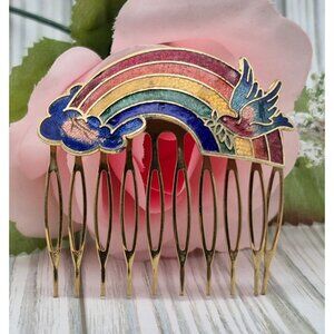 Rainbow & Bird Cloisonne Enamel Vintage Hair Comb So Pretty 2"